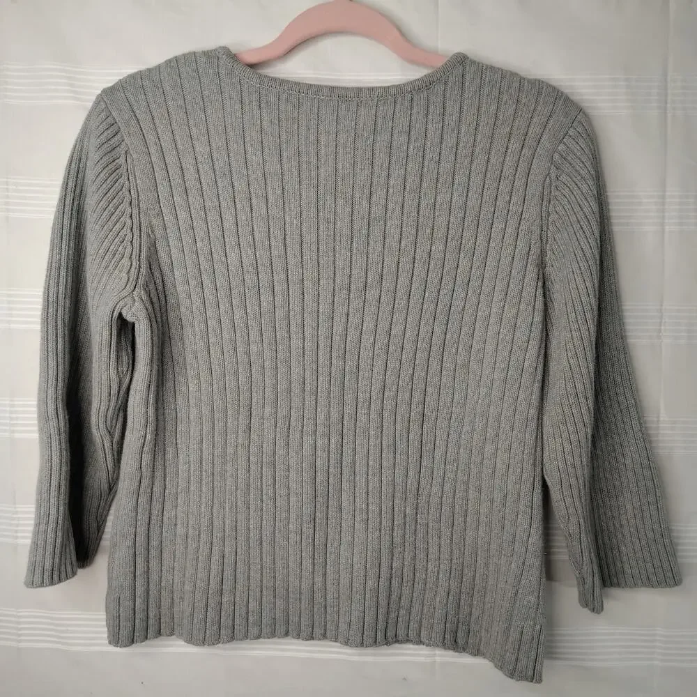 J. Jill Pull Over Ribbed Sweater 3/4 Sleeve Gray Women's Size Large‎ 100% Cotton